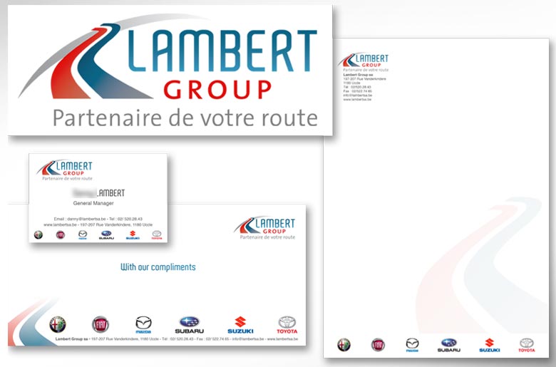 Création du nouveau logo de Lambert Group, concessionnaire à Bruxelles et déclinaisons sur documents officiels