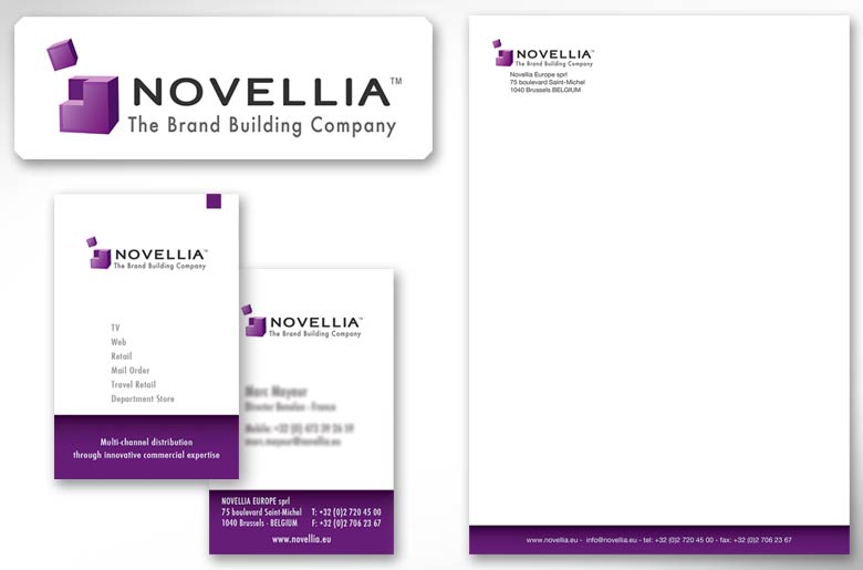 Logo créé pour la société Novelia Europe, déclinaisons de la nouvelle charte graphique sur cartes de visite, documents officiels, signatures email...